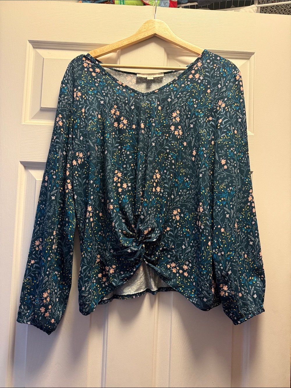 LOFT Teal Floral Knot Front Long Sleeve Blouse